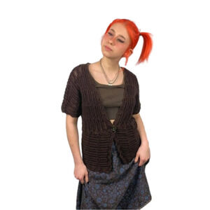 𝅺Short Sleeved Crocheted Cardigan Brown